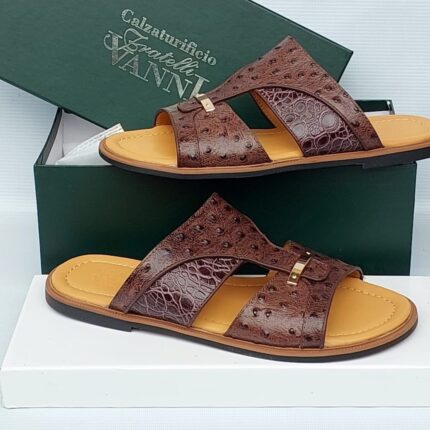 Vanni Brown Ostrich-Textured Leather Sandals