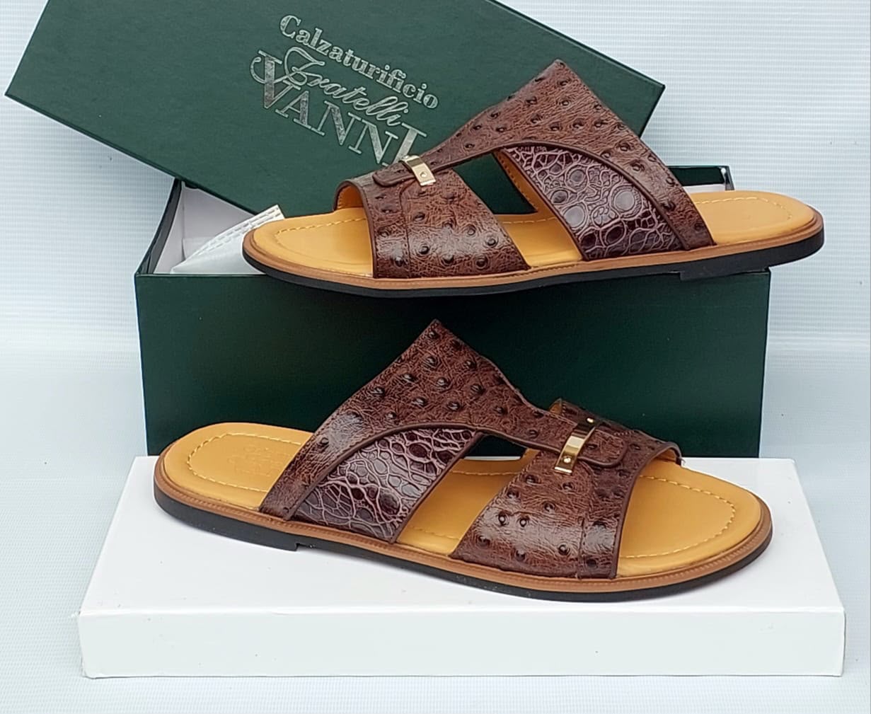 Vanni Brown Ostrich-Textured Leather Sandals Vanni Brown Ostrich-Textured Leather Sandals