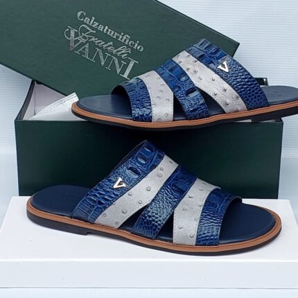 Vanni Fratelli Blue Crocodile-Embossed Leather Sandals