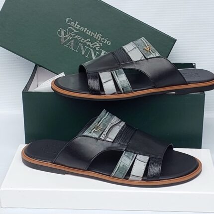Vanni Italian Black & Green Patterned Leather Slippers