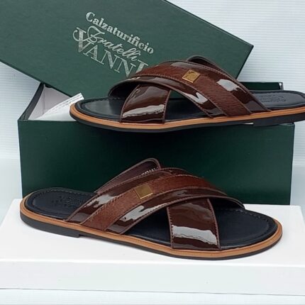 Vanni Italian Brown Patent Leather Crossover Sandals