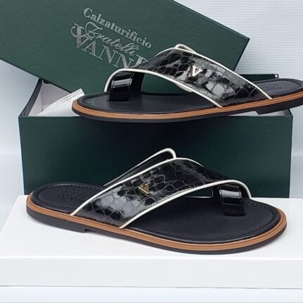 Vanni Men’s Black Crocodile-Embossed Leather Sandals