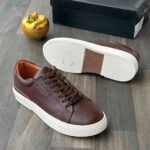 BOSS Coffee Brown Pebbled Leather Low Top Sneakers