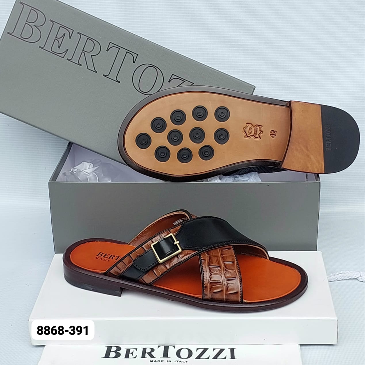 Bertozzi Black Brown Crocodile Leather Cross Strap Sandals Bertozzi Black Brown Crocodile Leather Cross Strap Sandals