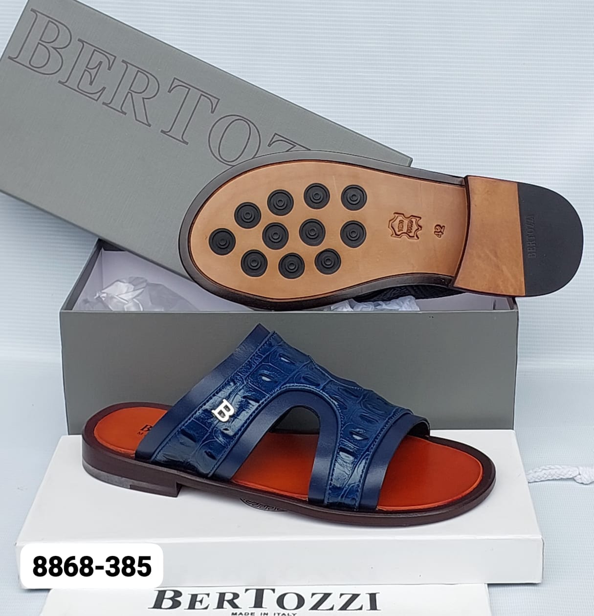 Bertozzi Blue Crocodile Leather Slip On Sandals Bertozzi Blue Crocodile Leather Slip On Sandals