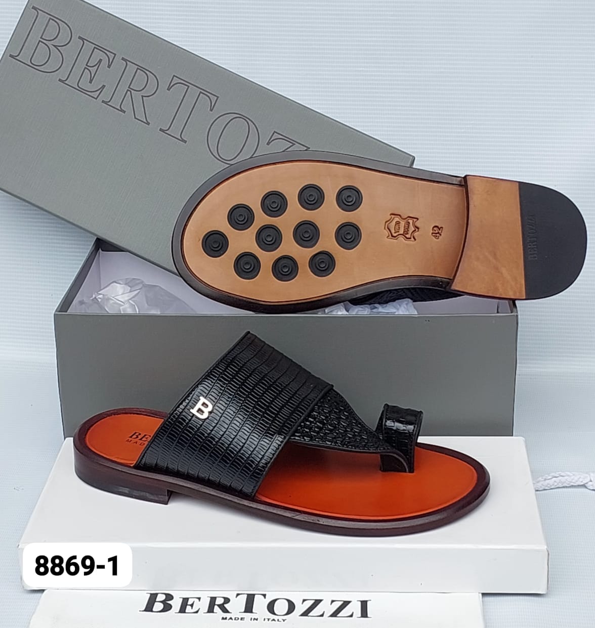 Bertozzi Model 8869 1 Black Crocodile Leather Toe Post Sandals Bertozzi Model 8869 1 Black Crocodile Leather Toe Post Sandals