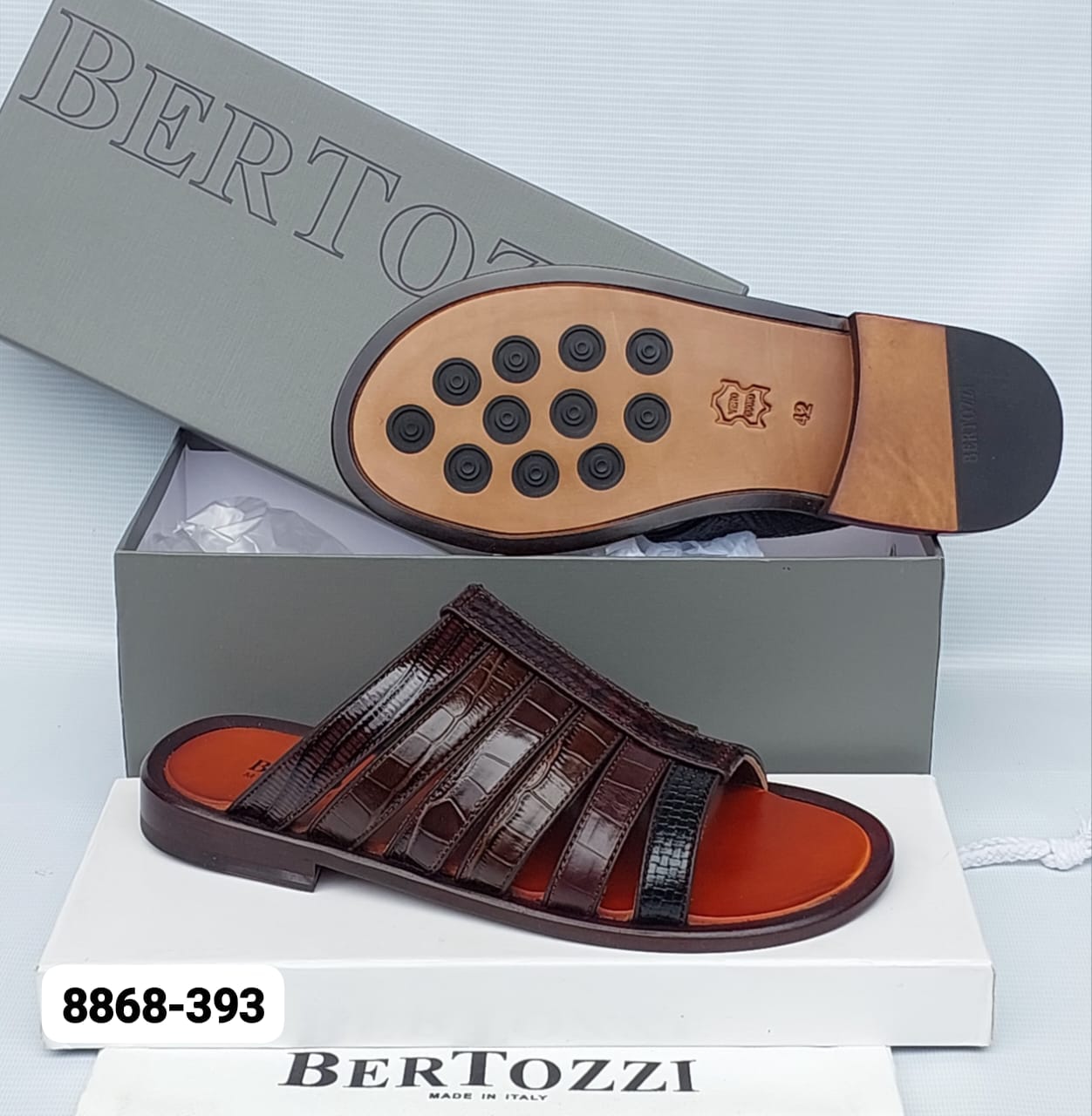 Bertozzi Vero Cuoio Brown Black Croc Textured Leather Sandals Bertozzi Vero Cuoio Brown Black Croc Textured Leather Sandals