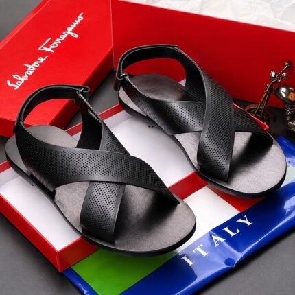 Black Micro Perforated Cross Strap Sandals