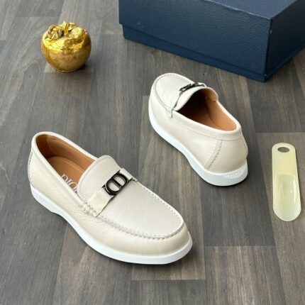 Dior Beige Leather Loafers With Black CD Buckle
