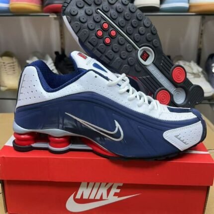 Nike Shox R4 Midnight Navy Gym Red White Metallic Silver Sneakers