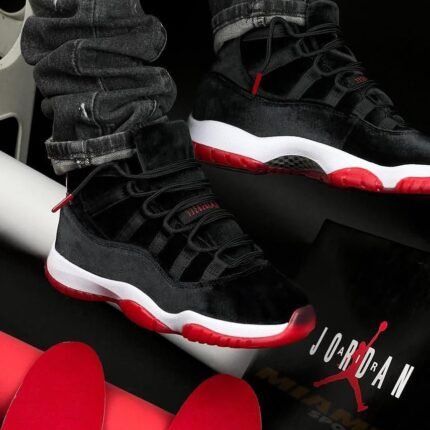 Womens Air Jordan 11 Retro Bred Velvet Black Sneakers