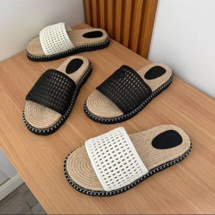 Black White Woven Espadrille Slide Sandals