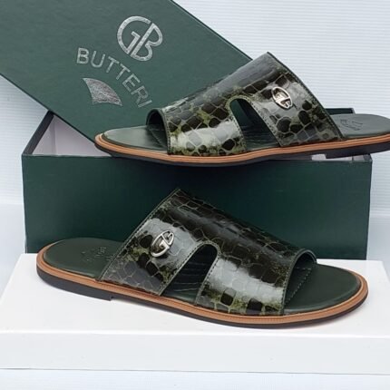 GB Butteri Mens Green Crocodile Textured Leather Slides
