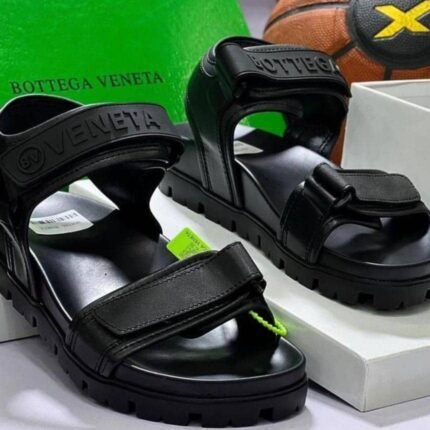 Mens Black Chunky Leather Velcro Platform Sandals