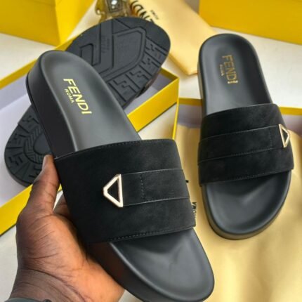 Mens Black Suede Strap Slides Metallic Buckle
