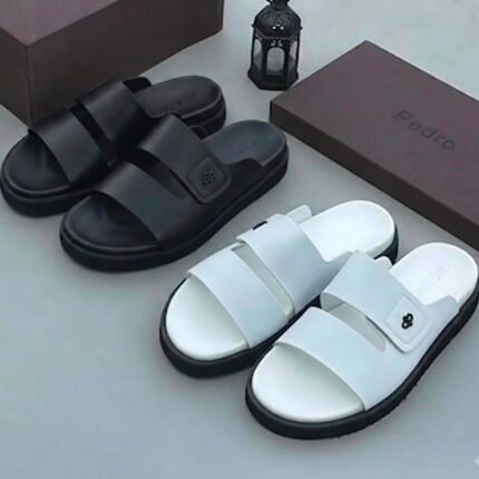 Mens Black White Double Strap Leather Slides