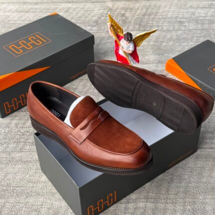 Mens Brown Pebbled Leather Penny Loafers