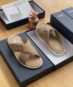 Mens Gray Cross Strap Leather Slides - Image 2