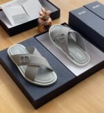Mens Gray Cross Strap Leather Slides