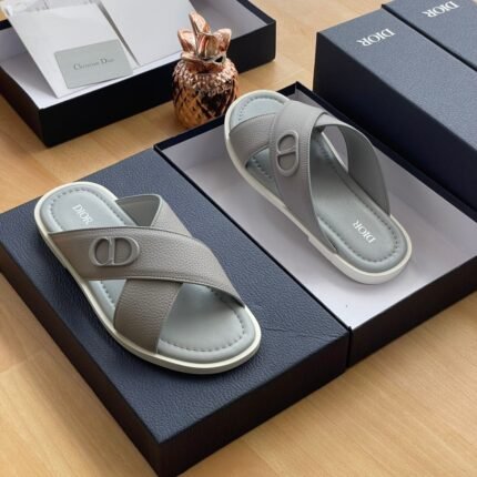 Mens Gray Cross Strap Leather Slides