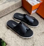 Mens Navy Blue Leather H Slides Flat Sole