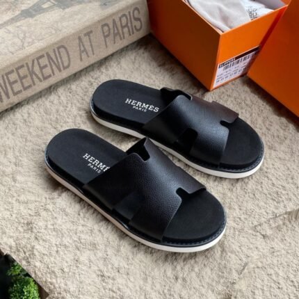 Mens Navy Blue Leather H Slides Flat Sole