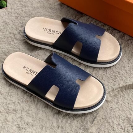 Mens Navy Blue Leather H Slides Flat Sole
