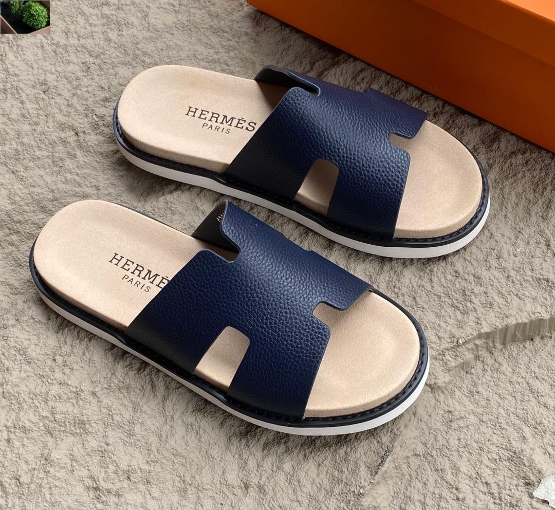 Mens Navy Blue Leather H Slides Flat Sole Mens Navy Blue Leather H Slides Flat Sole