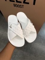 Mens White Cross Strap Studded Pool Slides