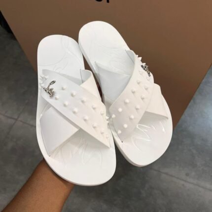 Mens White Cross Strap Studded Pool Slides