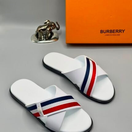 Mens White Leather Criss Cross Slip On Sandals