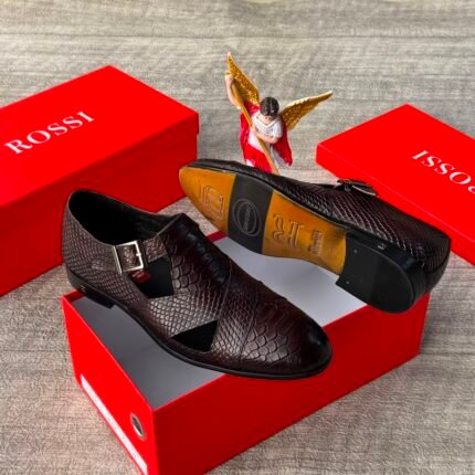 Rossi Mens Black Faux Croc Textured Hybrid Monk Strap Shoe Sandals