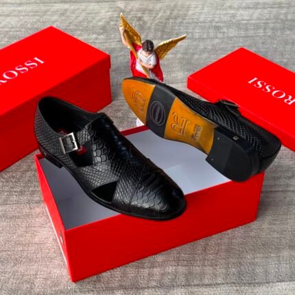 Rossi Mens Black Faux Croc Textured Hybrid Monk Strap Shoe Sandals