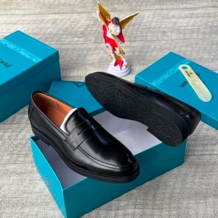 Steve Riots Mens Black Leather Penny Loafers