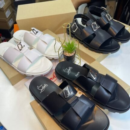 Christian Louboutin Dhabubizz Mens Black Calf Leather Slide Sandals