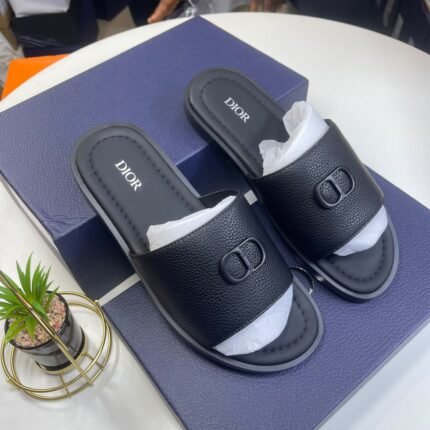 Dior Mens Black Textured Leather Slide Sandals