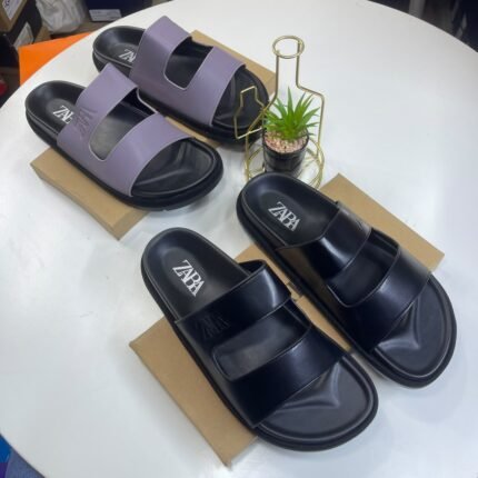 Zara Mens Double Strap Flat Slides Black and Purple