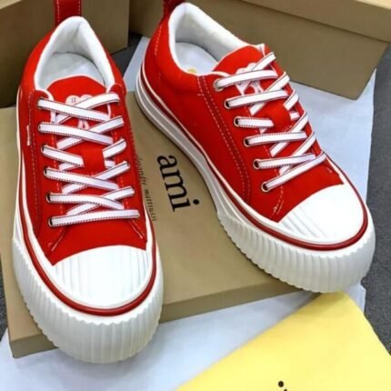 Ami Mens Red Low Top Flatform Sneakers White Cap Toe