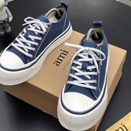 AMI Paris Mens Navy Blue Canvas Low Top Platform Sneakers