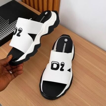 Dsquared2 Mens White Black D2 Logo Thick Sole Designer Slides Nigeria