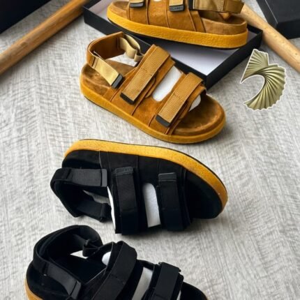 Mens Brown Suede Double Strap Sandals Adjustable Hook And Loop Yellow Sole Nigeria