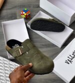 Mens Black Suede Slip On Clogs Adjustable Strap Gold Buckle Cork Style Sole Nigeria