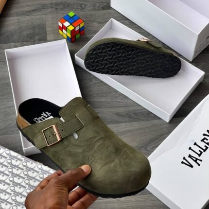 Mens Black Suede Slip On Clogs Adjustable Strap Gold Buckle Cork Style Sole Nigeria