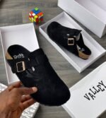 Mens Black Suede Slip On Clogs Adjustable Strap Gold Buckle Cork Style Sole Nigeria