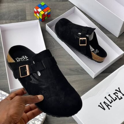 Mens Black Suede Slip On Clogs Adjustable Strap Gold Buckle Cork Style Sole Nigeria
