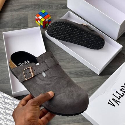 Mens Dark Gray Suede Slip On Clogs Adjustable Buckle Strap Textured Upper Nigeria